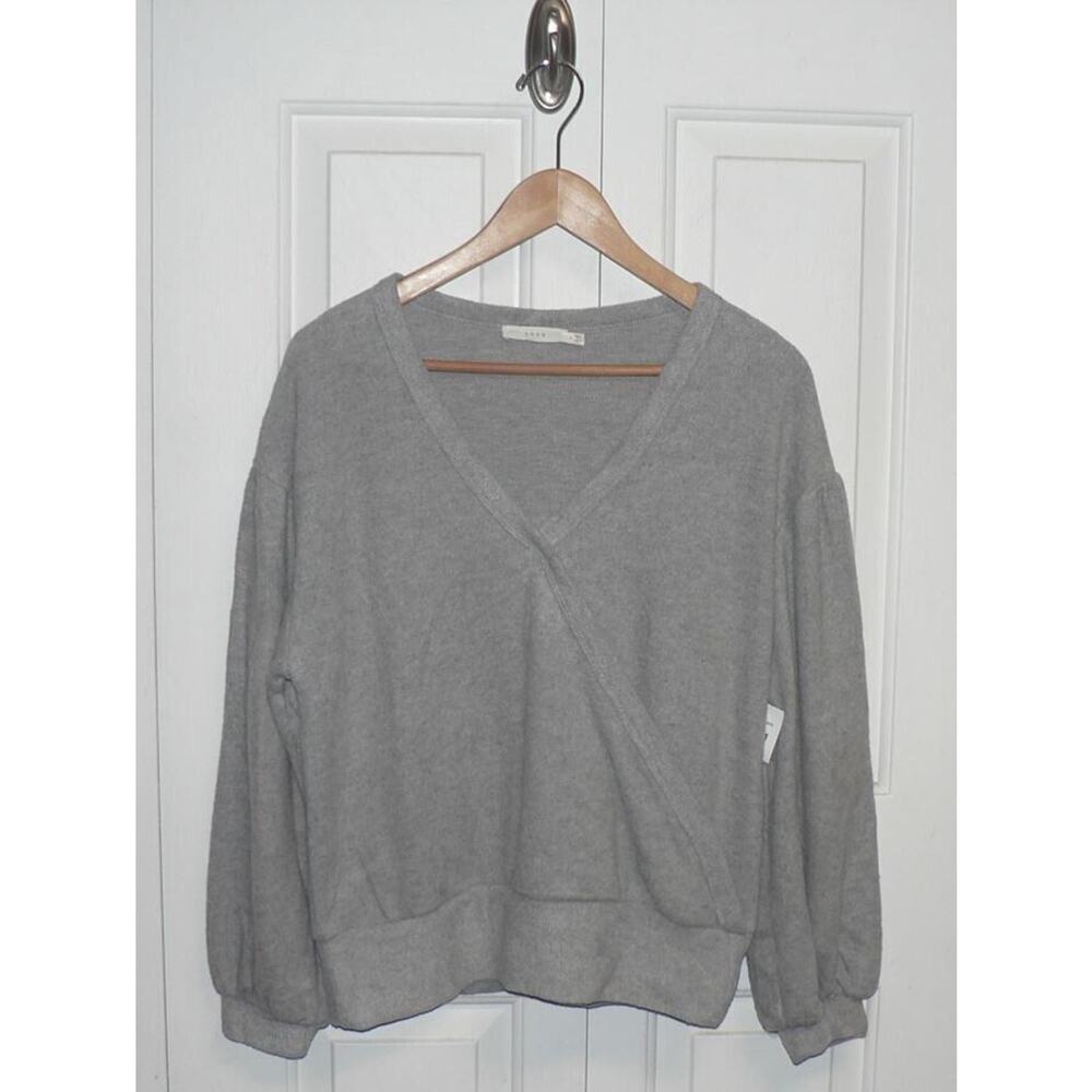 Lush Womens Brushed Knit V-Neck Long Sleeve‎ Faux Wrap Top in Heather Grey Large